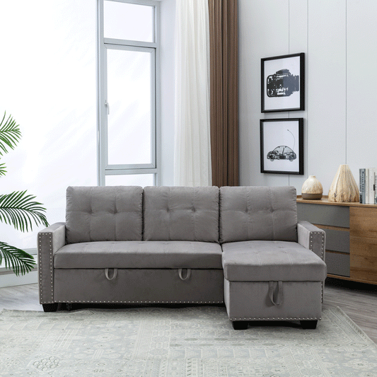 Sofa Bed, Sectional Couch with Modern Skin-Feeling Velvet Fabric Reversible Sleeper Sofa Beds, L-shape 2 Seat Sectional Chaise with Storage, Couches for Living Room Furniture, Light Grey