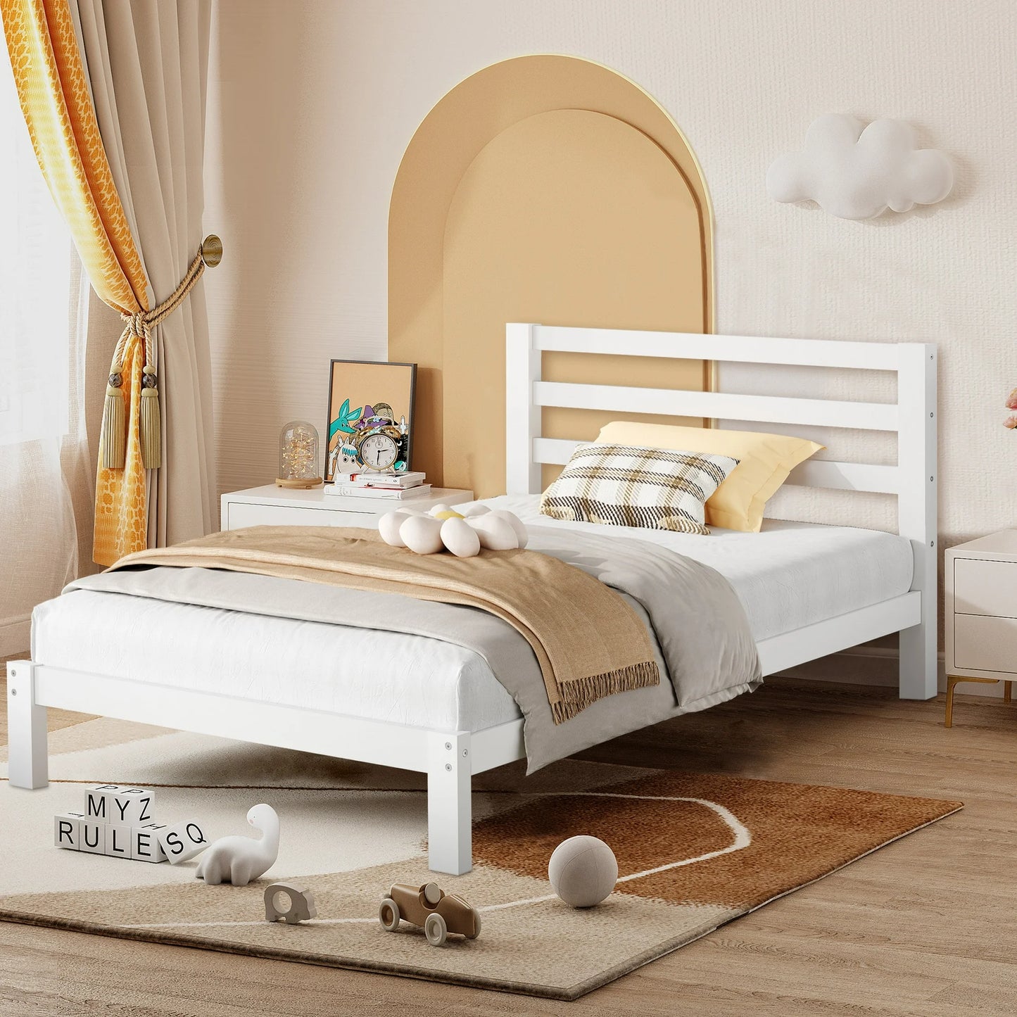 PORKISS Twin Bed for Kids with Storage Drawers, Upgrade Solid Wood Platform Bed, Kids Bed Furniture, No Box Spring Needed, White