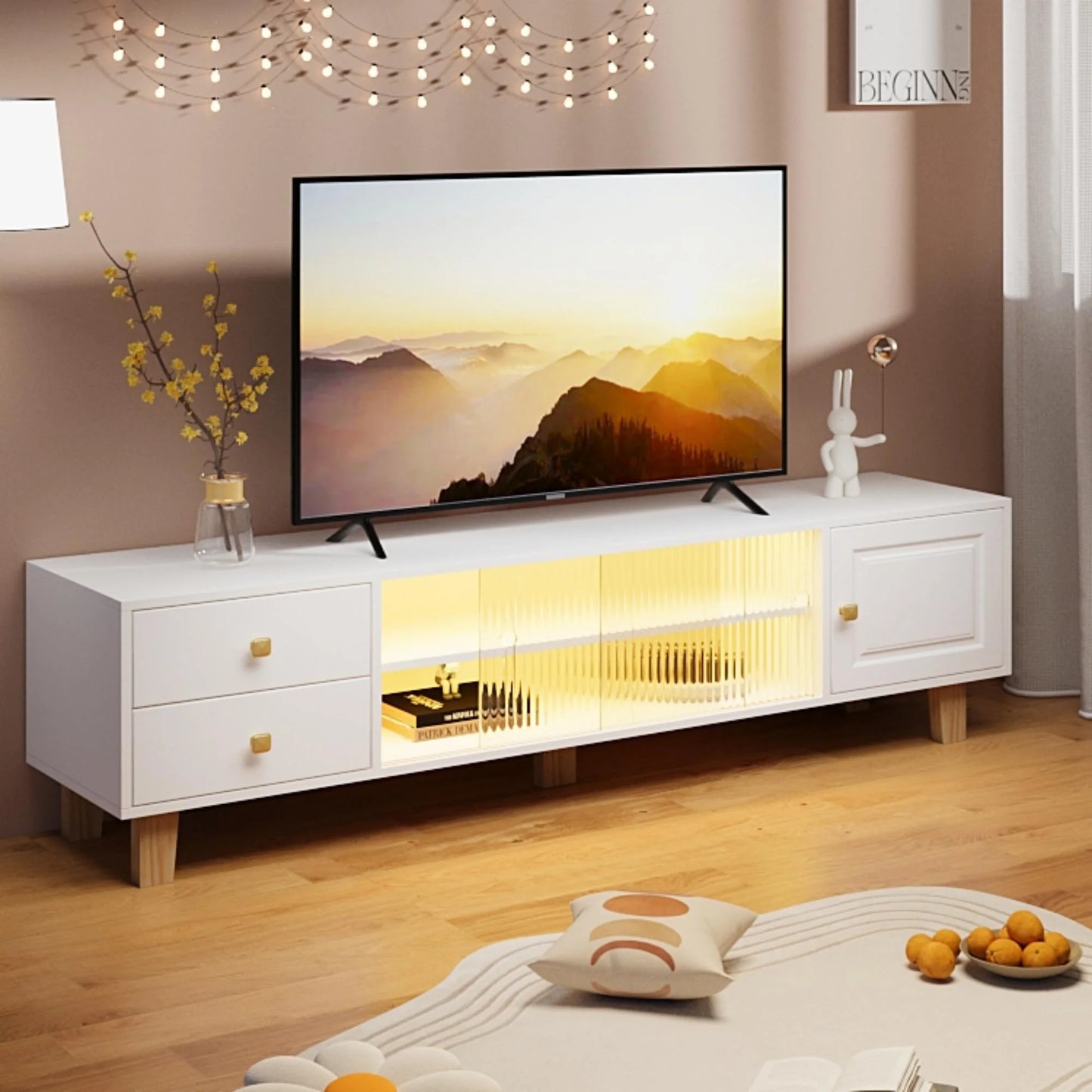 PORKISS TV Stand for TVs up to 70", Entertainment Center with LED Light, TV Console Cabinet with Shelves, White