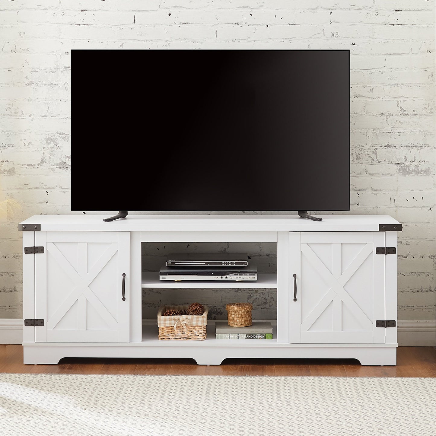 PORKISS TV Stand for TVs up to 70 inch, TV Console with Open Storage Shelves & Cabinets, Entertainment Center Television Table for Living Room Bedroom, White