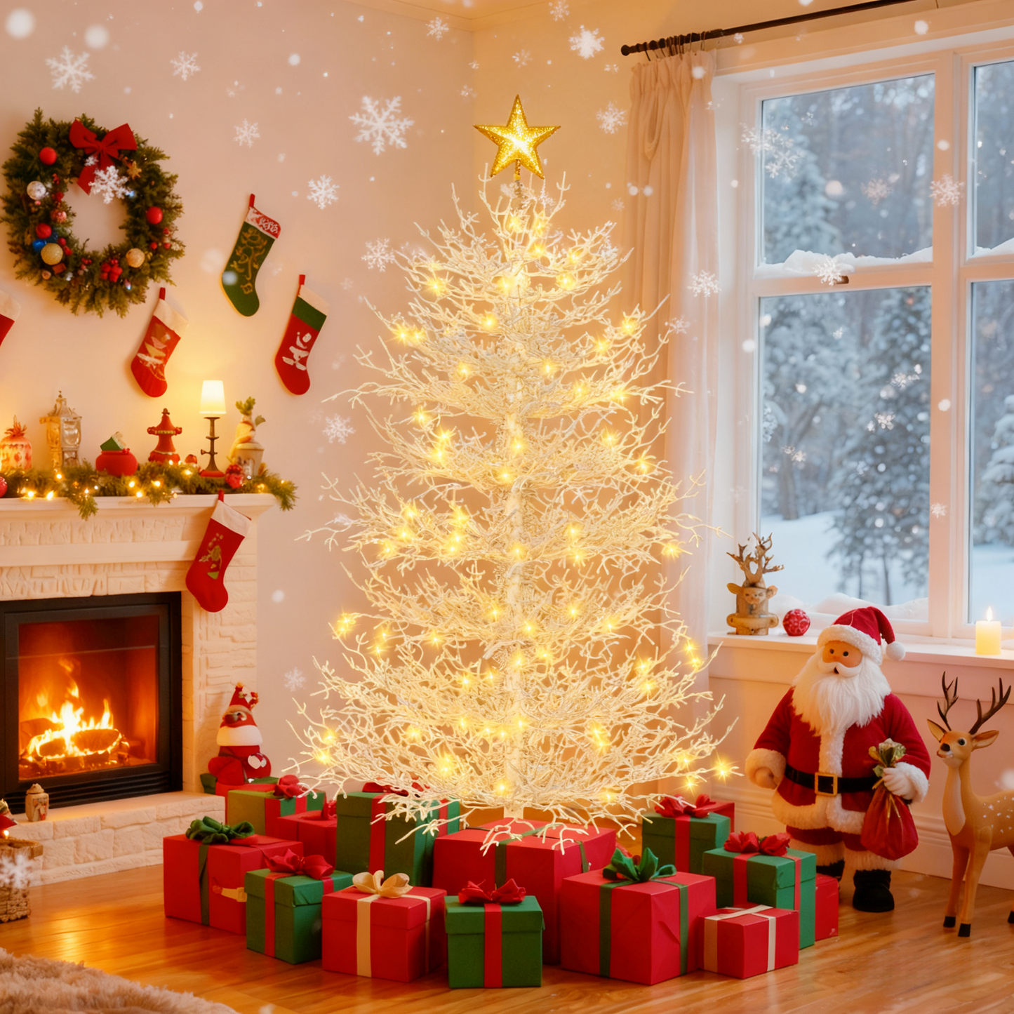 SESSLIFE 6FT Pre-lit Artificial Christmas Tree, Snow Flocked Coral Design with 420 Warm White LED Lights, Easy Assembly Hinged Tree for Home Holiday Decor, White