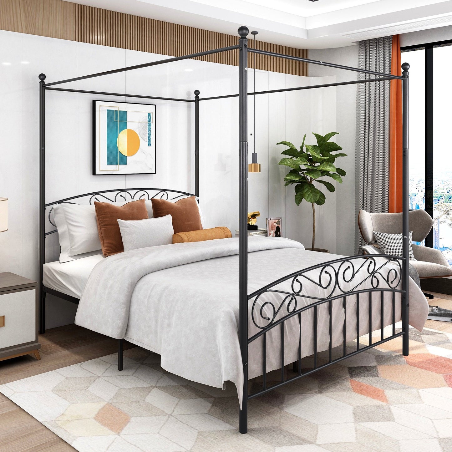 Sesslife Queen Size Canopy Bed Frame, Metal Platform Bed with Headboard and Footboard, Canopy Bed Curtain Not Included, Large Under Bed Space, Strong Metal Slats Support, No Box Spring Needed, BlackB