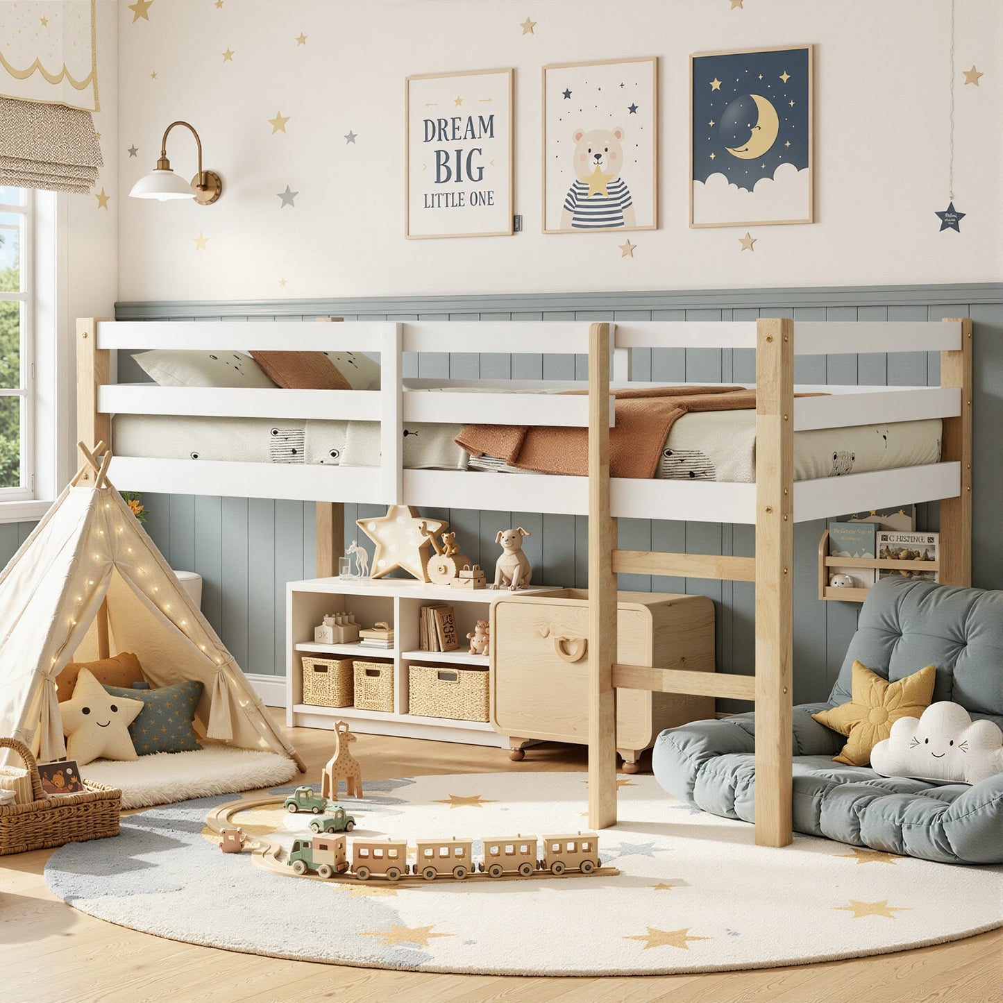 Twin Loft Bed with Ladder and Guardrails for Boys Girls, SESSLIFE Low Height Solid Wood Bed Frame, Space Saving Loft Bed with Under Bed Reading Nook, Play Area, Storage Space, White