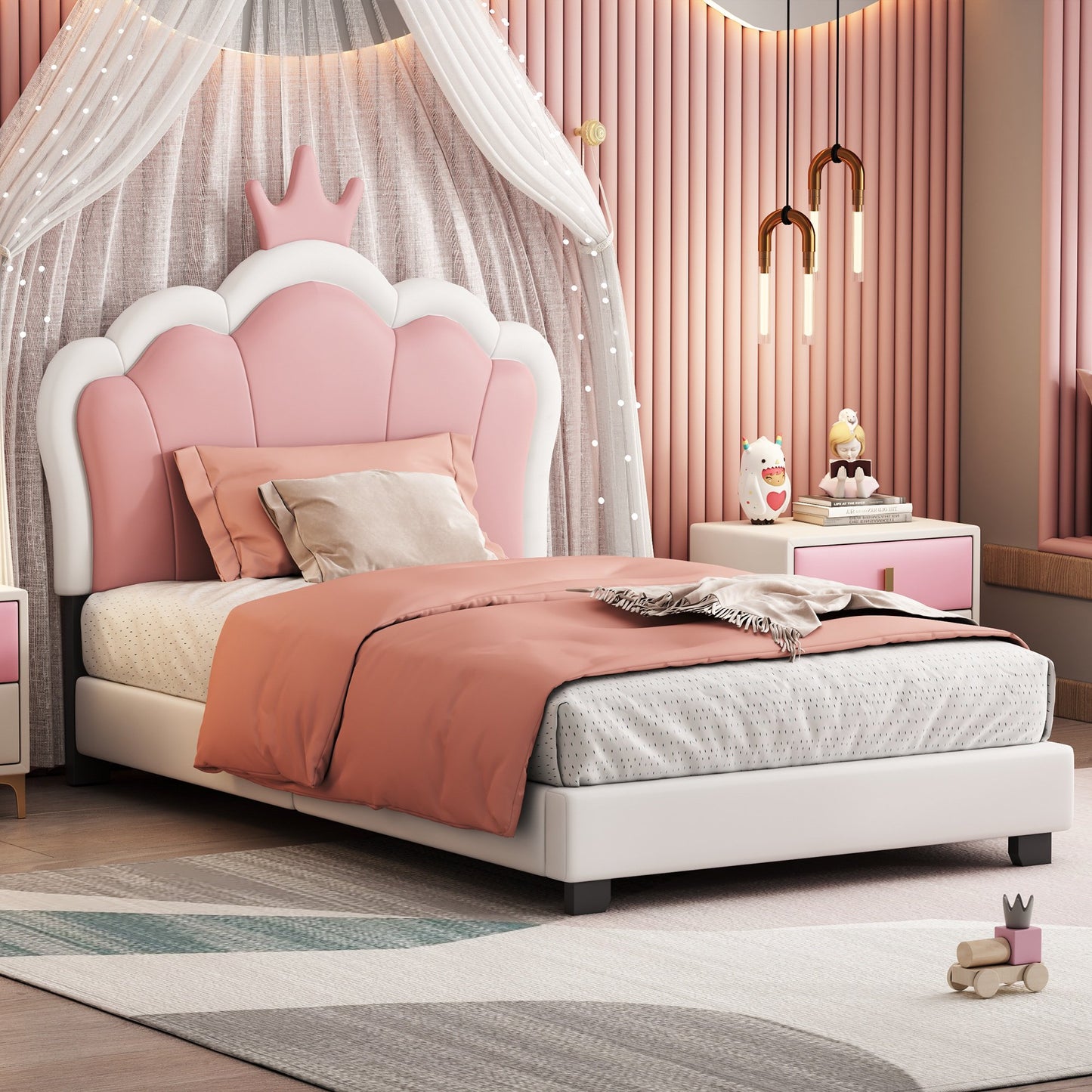Sesslife Twin Size Bed Frame with PU Leather Crown HeadBoard, Comfy Upholstered Bed with Strong Slats Support, Wood Platform Bed Cute Kids Bed, Easy Assembly, No Box Spring Needed, Pink & White