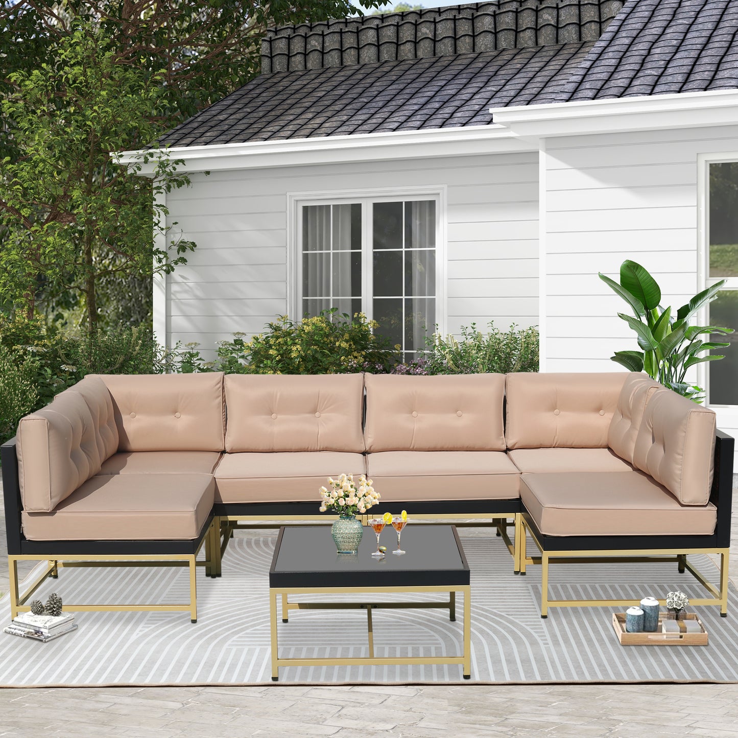 7 Pieces Rattan Sofa Patio Furniture Sets, Brown Wicker Outdoor Sectional Sofa Patio Conversation Sets with 3.9" Thick Cushions and Coffee Table, Garden Deck Backyard Seating Sets