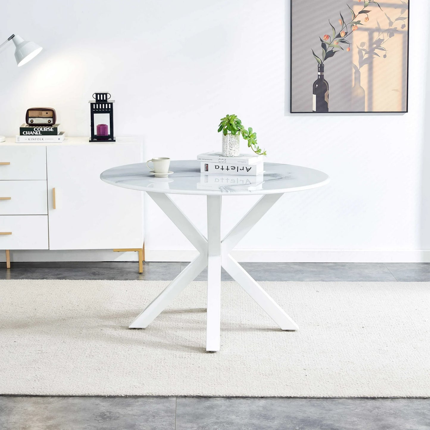 PORKISS Round Dining Table for 4, 42 inch Kitchen Table with Steel Legs, Imitation Marble Top, Dinner Table for Home Dining Room Kitchen, White