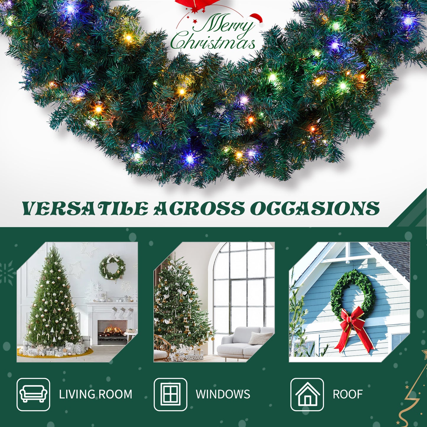 SESSLIFE 48in Pre-Lit Christmas Wreath, Large Artificial Xmas Wreath with LED Lights, Remote Control and Stepless Dimming, Full Outdoor Wreath for Front Door, Gate, Green