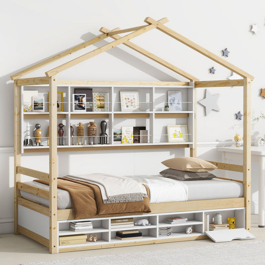 Twin House Bed, Wood Platform Bed with Roof Frame and Beside-Shelves, Under Bed Storage Unit for Kids, No Box Spring Needed, Natural