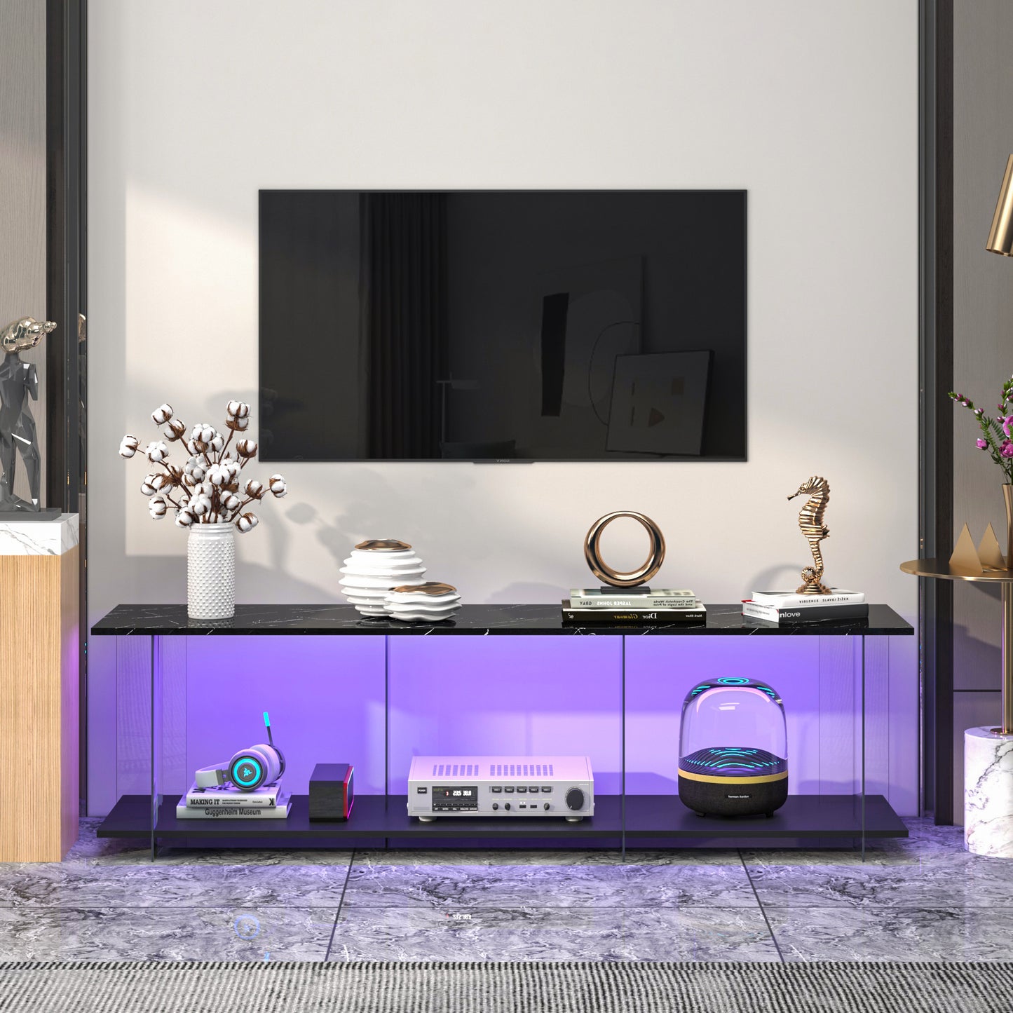 PORKISS TV Stand for TVs up to 70", Entertainment Center with LED, TV Console Cabinet with Shelves, Faux Marble Beige