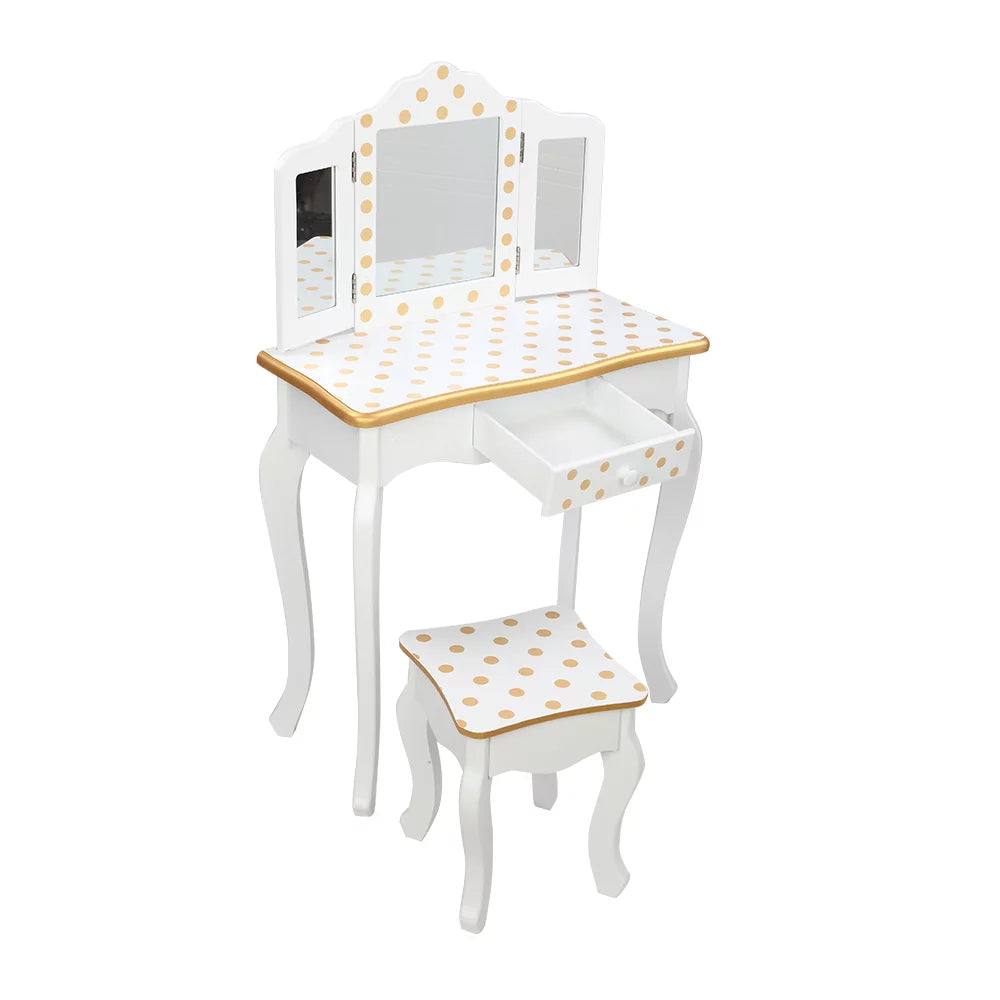 SESSLIFE Vanity Sets for Girls, Vanity Play Set with a Drawer, Dressing Table Dresser Wooden Toy Makeup Vanity Table & Stool with 3 Foldable Mirror