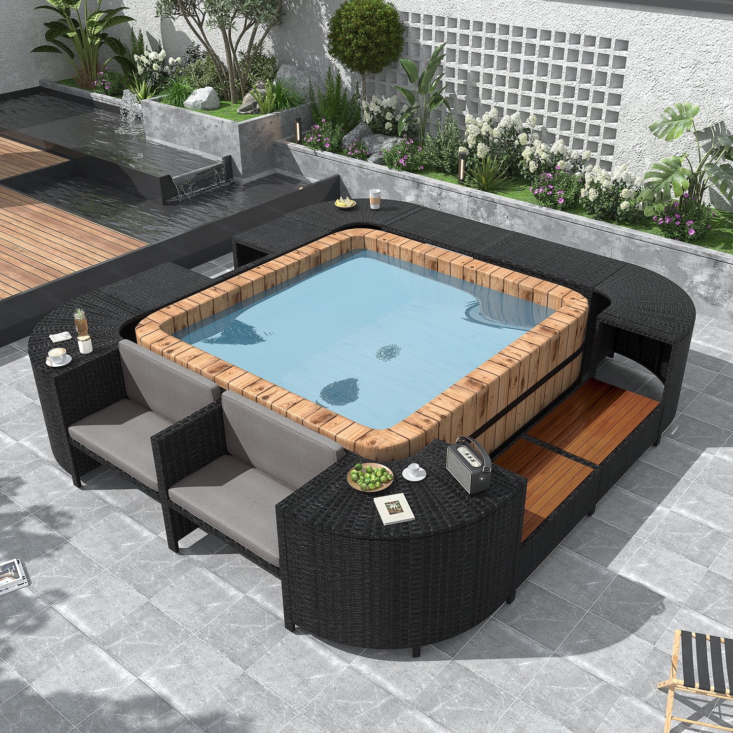 Square Hot Tub Surround Furniture, Spa Surround Outdoor Rattan Sectional Sofa Set with Mini Sofa, Solid Acacia Wood Hot Tub Storage Surround Patio Furniture Set, Gray Cushion