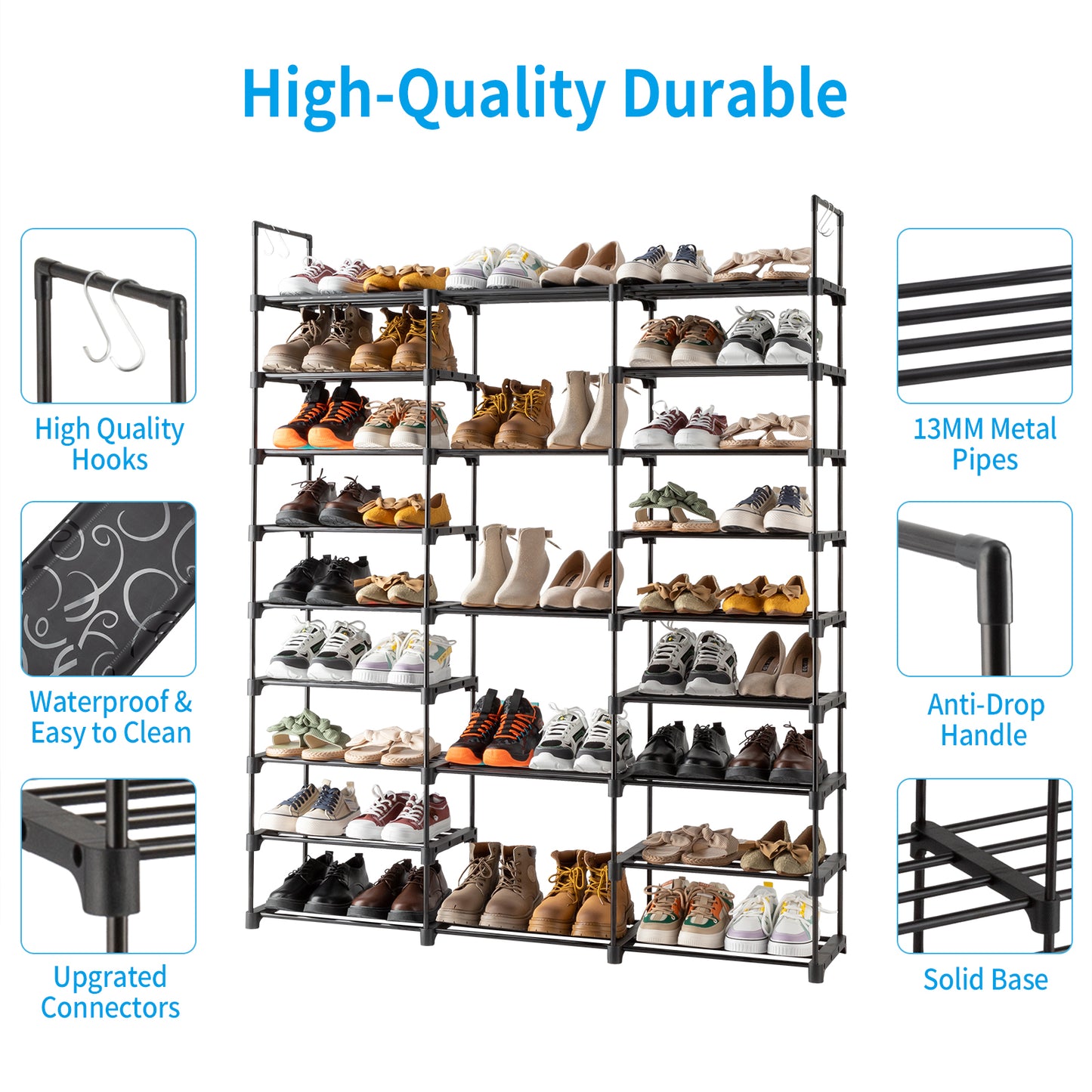 Sesslife 9 Tier Shoe Rack Organizer for Entryway 50-55 Pairs, DIY Stackable Shoe Rack for Closet Shoe Organizer with Sturdy Shelves and 4 Hooks, Metal Shoe Shelf Closet Organizer, Black