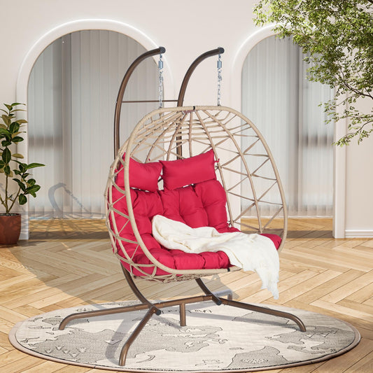 Double Egg Swing Chair with Stand, 2 Persons Hanging Egg Chair, 600LBS Capacity Indoor Outdoor Wicker Basket Oversized Hammock Chair for Backyard Balcony Bedroom, Brown Wicker+Red Cushion