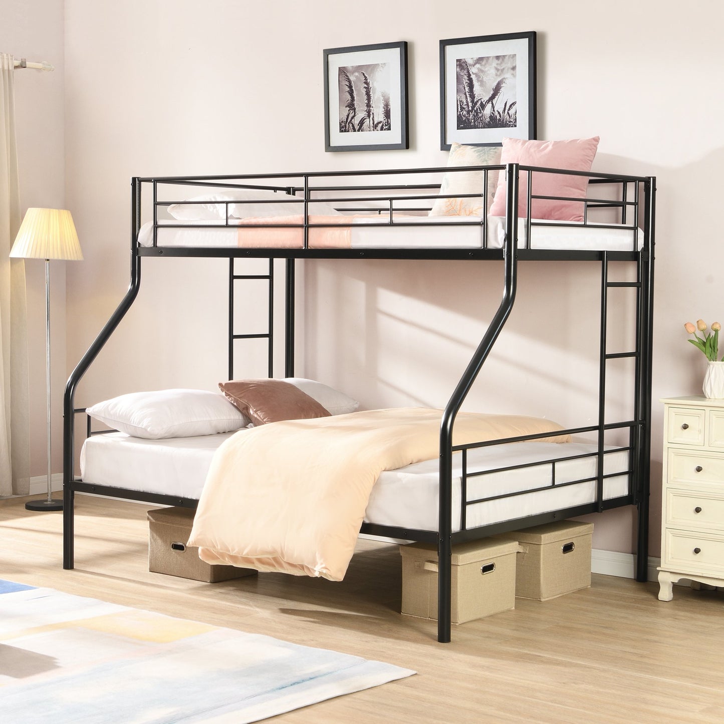 Metal Twin XL over Queen Bunk Bed for Teens, Heavy Duty with Guardrails for Kids, Easy to Assemble, Black