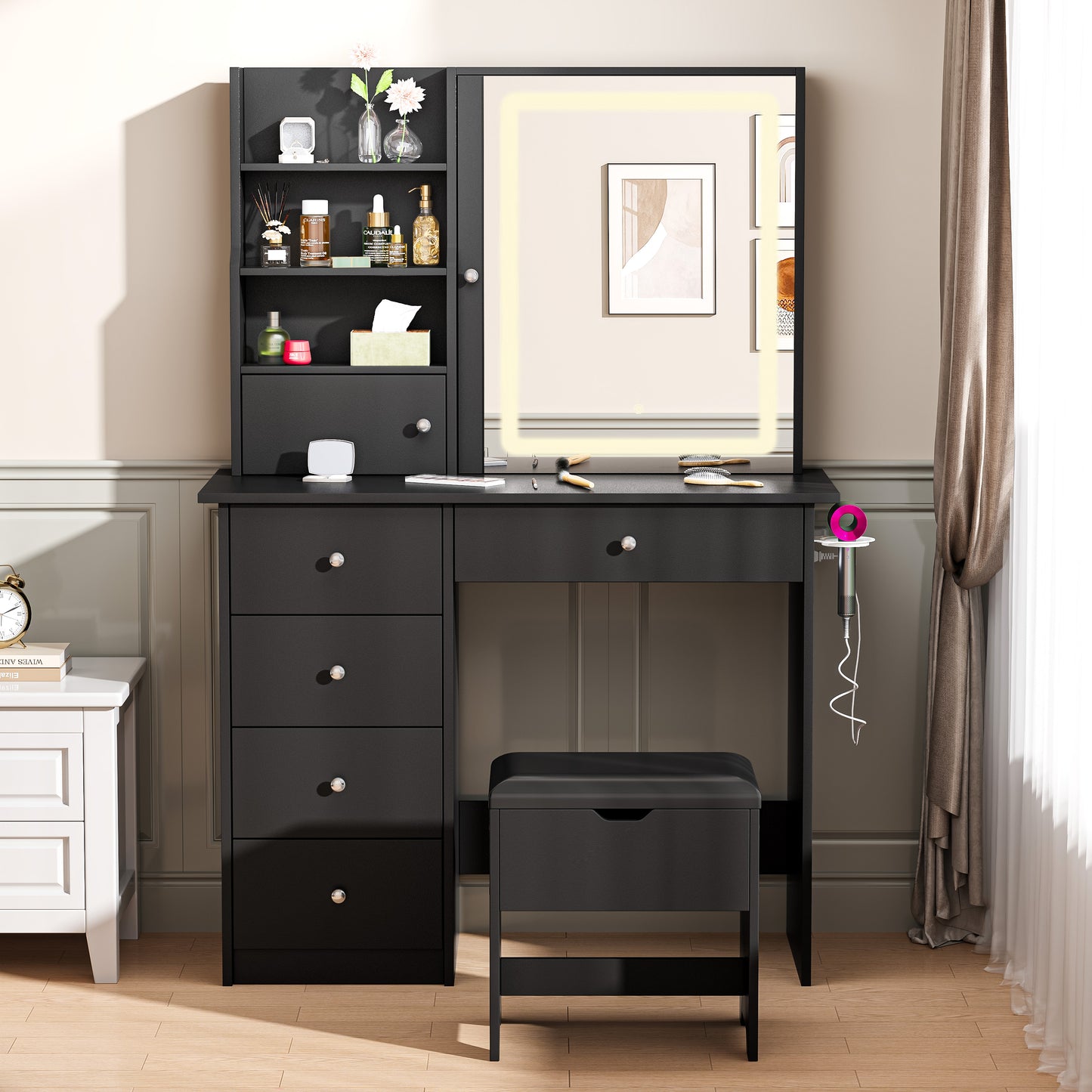 SESSLIFE Vanity Set with Mirror and Lights, Makeup Vanity Desk with Charging Station and Storage Stool, Modern Dressing Table with 4 Drawers, 3 Open Shelves, Makeup Desk Set for Women Girls, Black