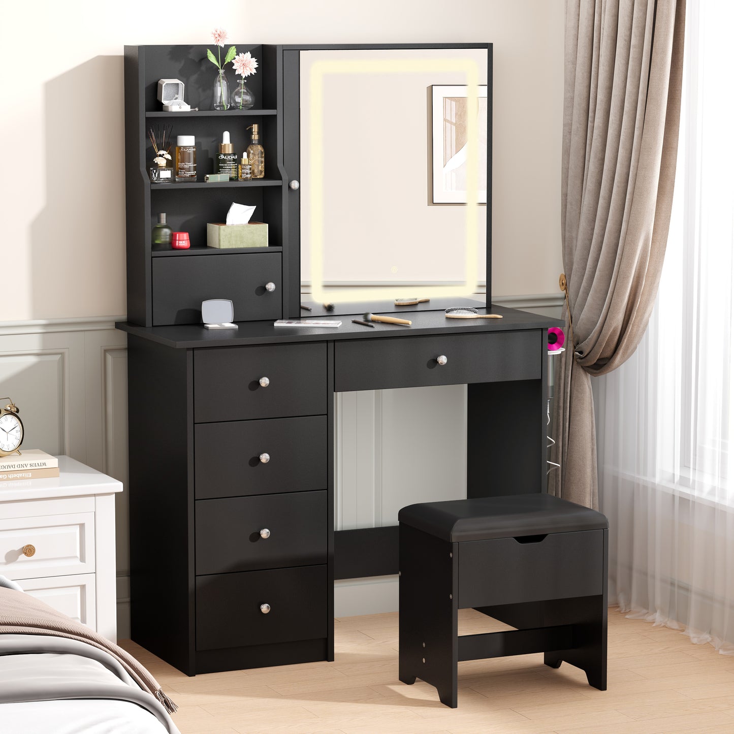 SESSLIFE Vanity Set with Mirror and Lights, Makeup Vanity Desk with Charging Station and Storage Stool, Modern Dressing Table with 4 Drawers, 3 Open Shelves, Makeup Desk Set for Women Girls, Black