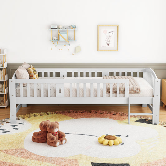 SESSLIFE Twin Size Platform Bed, Solid Wood Twin Bed Frame with Slats, Fence Guardrail Ladder, Twin Floor Bed with Strong Legs for Boys Girls, No Box Spring Needed, Holds 400 lbs, White