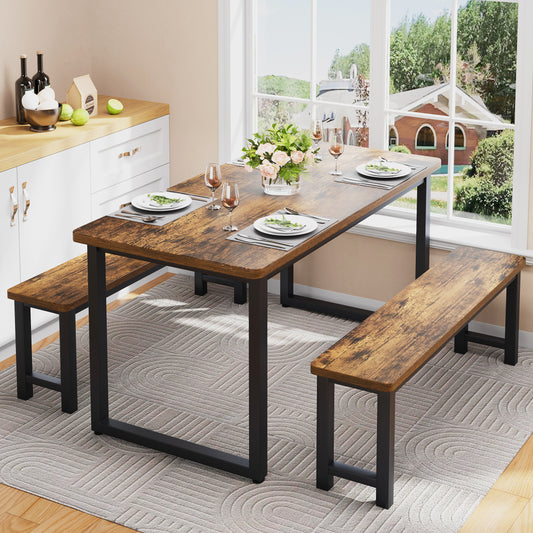 PORKISS Dining Table Set for 4, Dining Room Set with Kitchen Table and 2 Benches, 47" Rustic Brown & Black