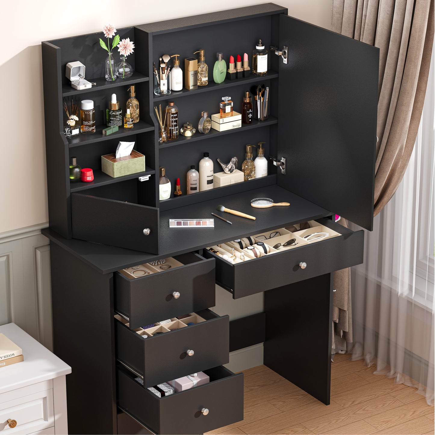 SESSLIFE Vanity Set with Mirror and Lights, Makeup Vanity Desk with Charging Station and Storage Stool, Modern Dressing Table with 4 Drawers, 3 Open Shelves, Makeup Desk Set for Women Girls, Black