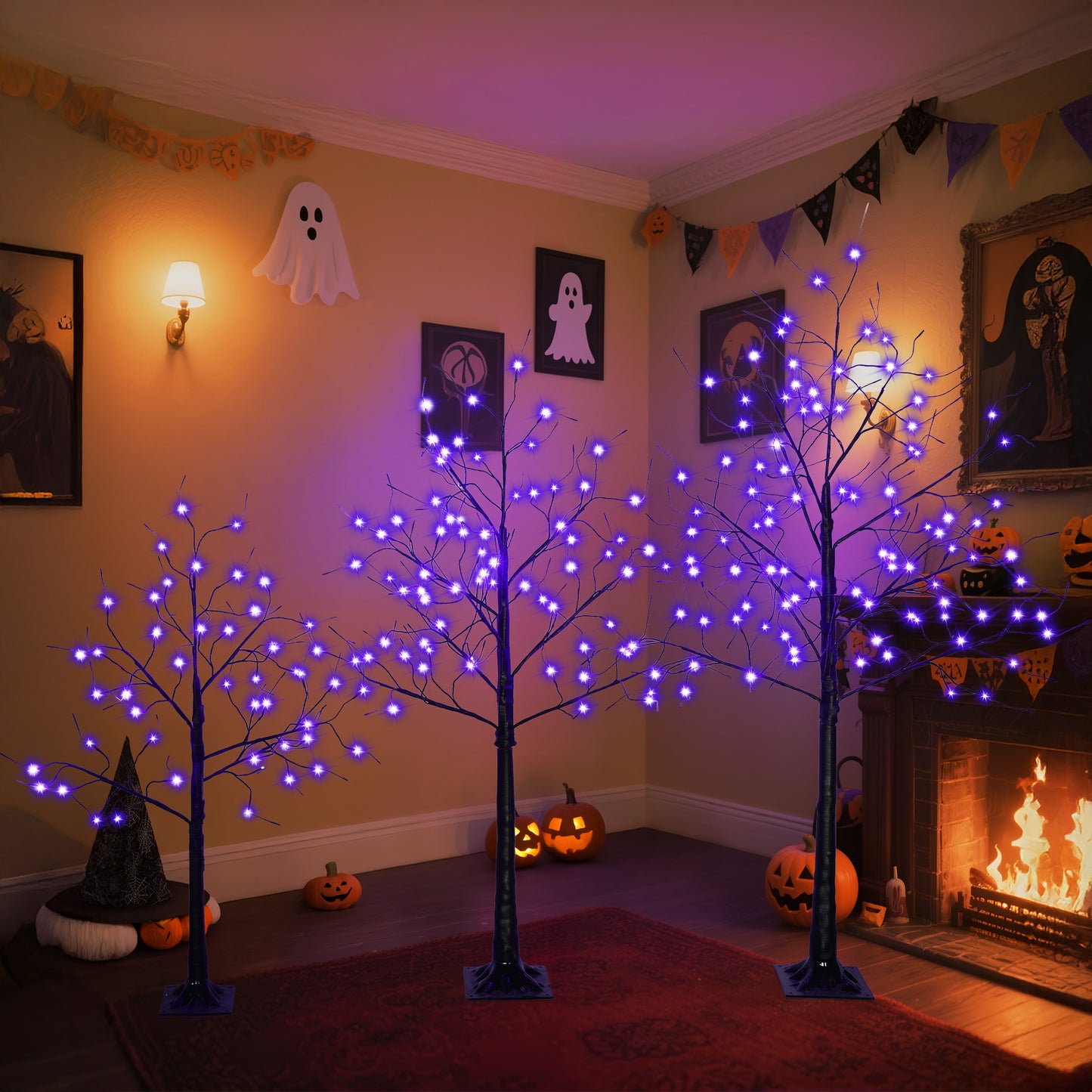 3-Piece Birch Tree with Lights - 4/5/6FT Artificial Black Prelit Lighted Tree for Hallo-ween, Weddings Indoor/Outdoor Decor, Purple LED,  Holiday Decoration
