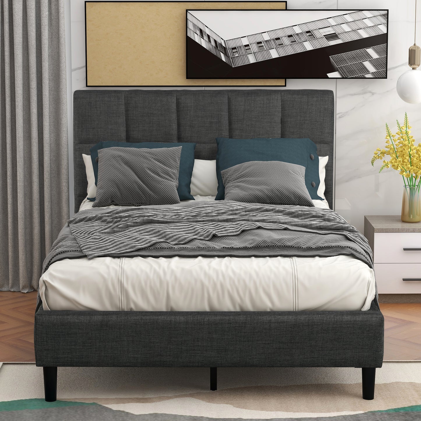 SESSLIFE Twin Bed Frame with Soft Upholstered Headboard, Platform Bed Frame with Wood Salt Support, Bedroom Furniture, Adults Kids Modern Bed Frame, No Box Spring Needed, Easy Assembly