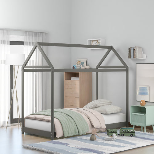SESSLIFE House Bed Twin, Solid Wood House Bed for Kids, Toddler Tent Bed Frame, Children's Bed, No Box Spring Needed (Gray)