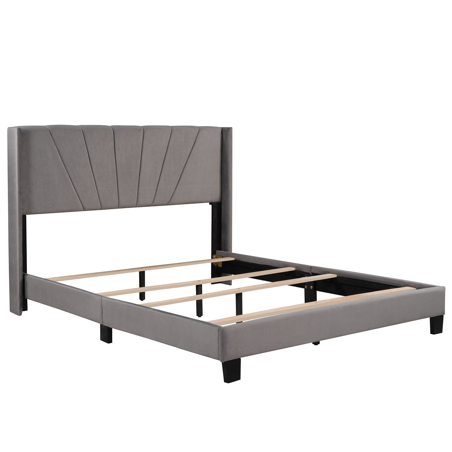 Queen Upholstered Platform Bed, Wood Queen Bed Frame with Velvet Headboard, Modern Queen Size Bed for Adults Kids, Box Spring Needed,