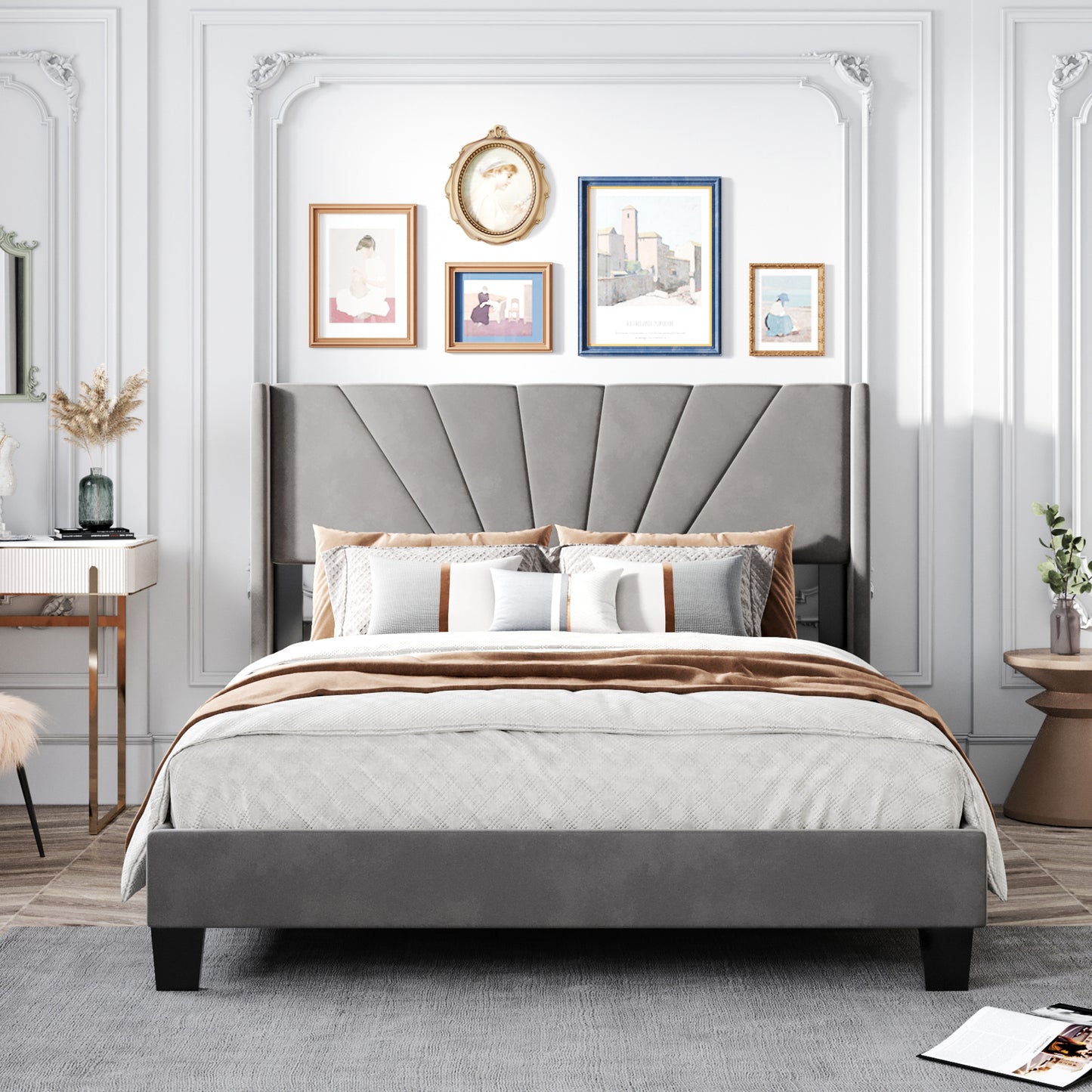 Queen Upholstered Platform Bed, Wood Queen Bed Frame with Velvet Headboard, Modern Queen Size Bed for Adults Kids, Box Spring Needed,