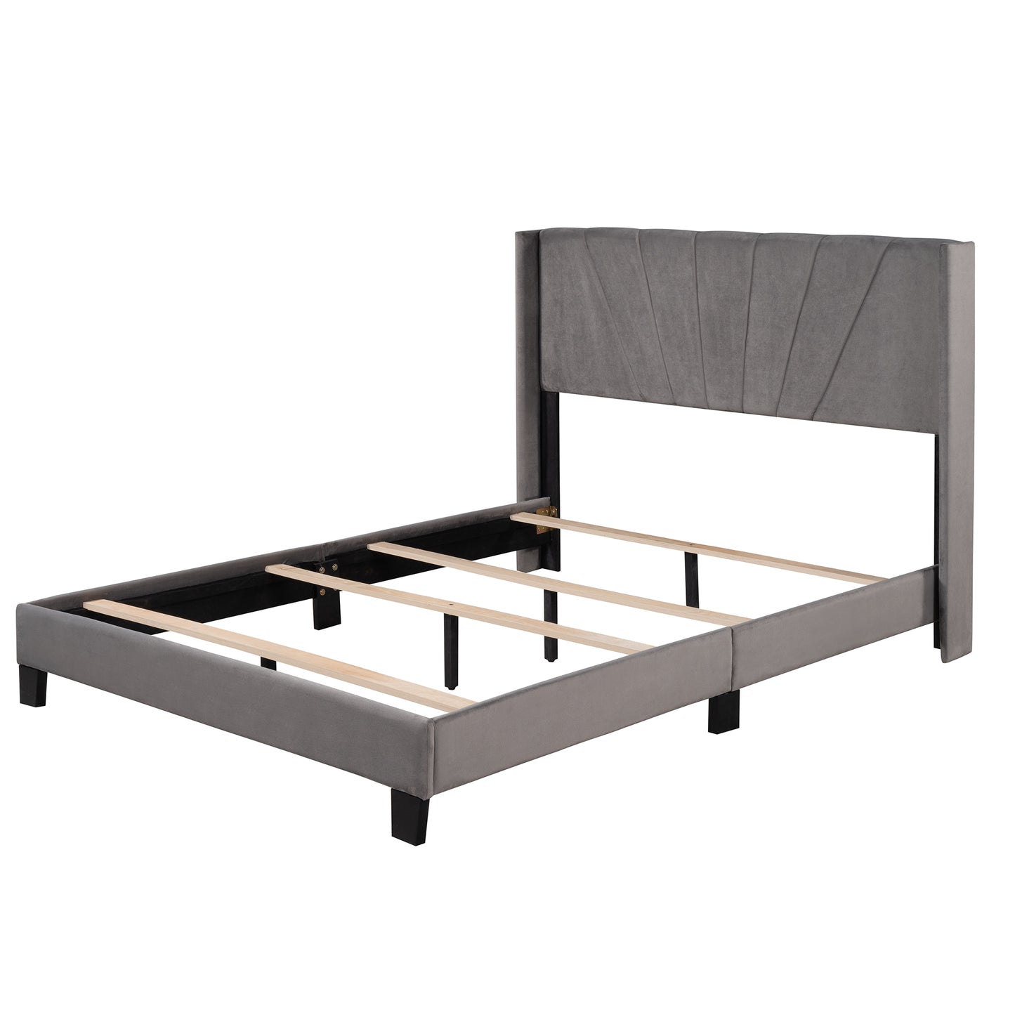 Queen Upholstered Platform Bed, Wood Queen Bed Frame with Velvet Headboard, Modern Queen Size Bed for Adults Kids, Box Spring Needed,