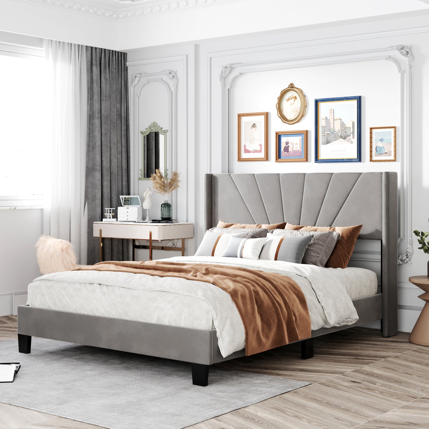 Queen Upholstered Platform Bed, Wood Queen Bed Frame with Velvet Headboard, Modern Queen Size Bed for Adults Kids, Box Spring Needed,