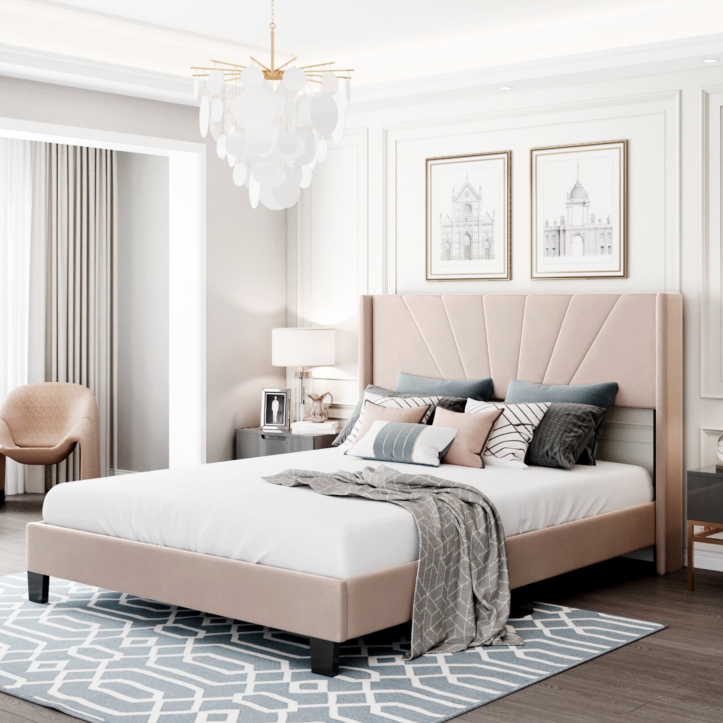 Queen Upholstered Platform Bed, Wood Queen Bed Frame with Velvet Headboard, Modern Queen Size Bed for Adults Kids, Box Spring Needed,
