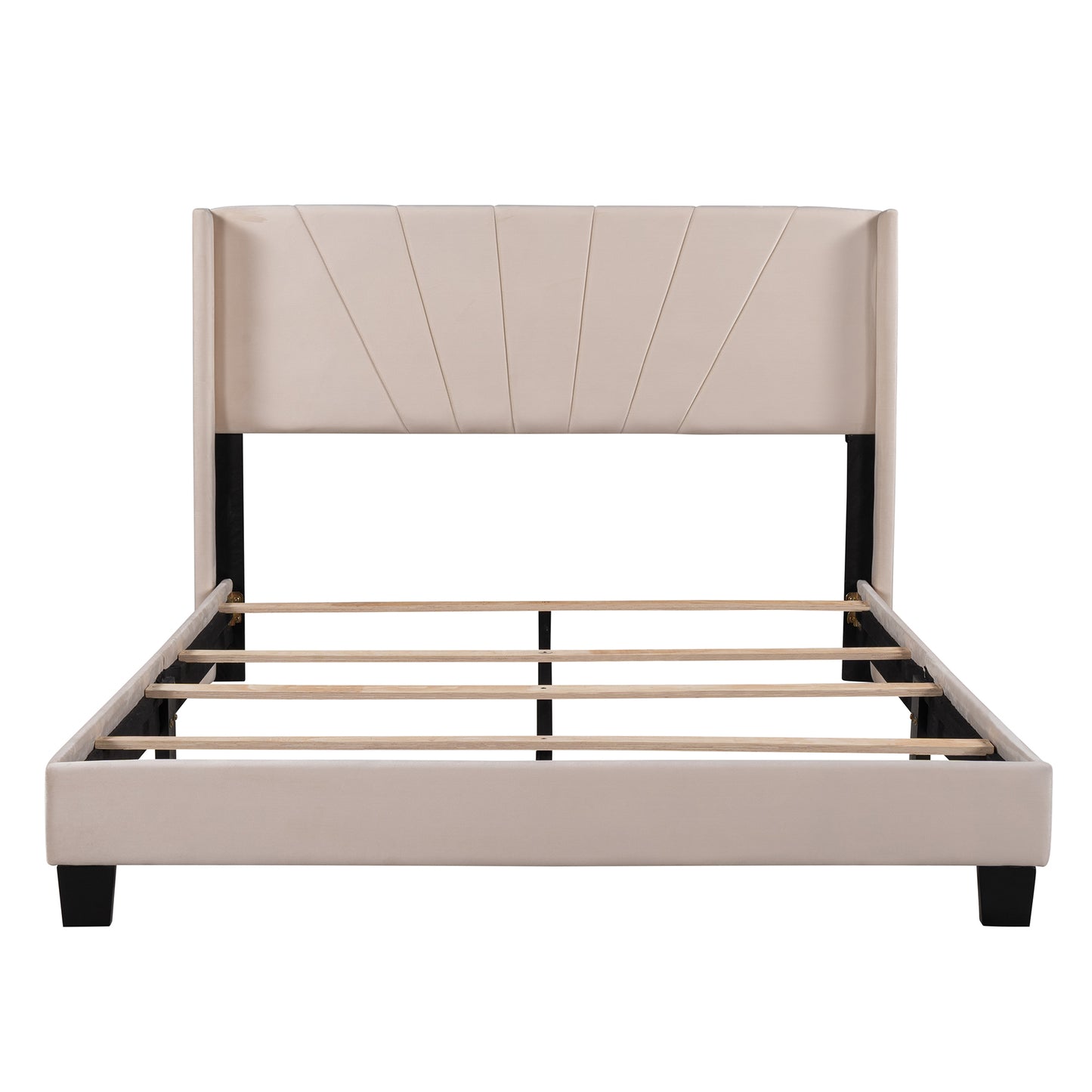 Queen Upholstered Platform Bed, Wood Queen Bed Frame with Velvet Headboard, Modern Queen Size Bed for Adults Kids, Box Spring Needed,