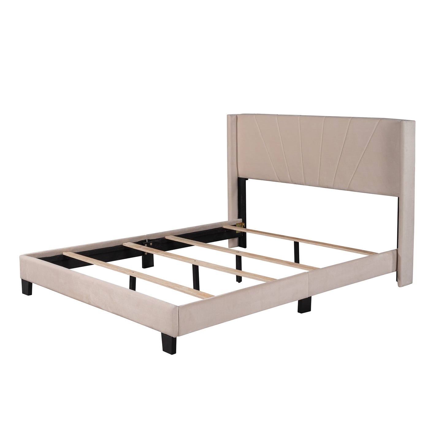Queen Upholstered Platform Bed, Wood Queen Bed Frame with Velvet Headboard, Modern Queen Size Bed for Adults Kids, Box Spring Needed,