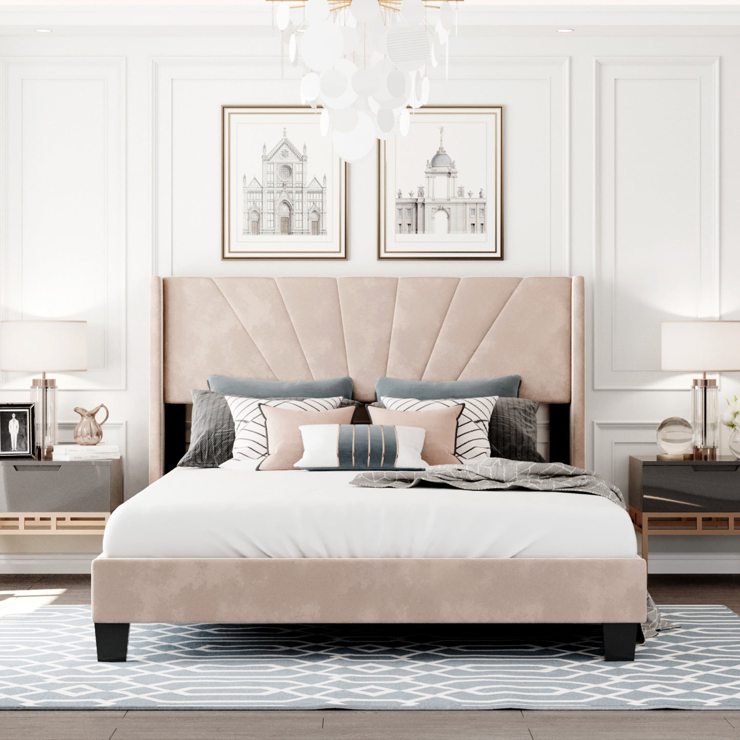 Queen Upholstered Platform Bed, Wood Queen Bed Frame with Velvet Headboard, Modern Queen Size Bed for Adults Kids, Box Spring Needed,