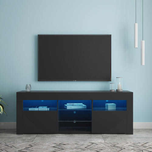 Sesslife LED TV Stand for 65 inch TV, Television Table Center Media Console with Cabinets and Led Lights, High Glossy Modern Entertainment Center for Living Game Room Bedroom (Black)