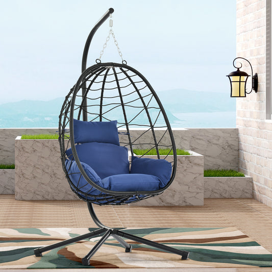 CASEMIOL Egg Type Chair for Indoor and Outdoor with Support, Hanging Egg Type Rattan Chair with Thick Cushion and Headrest for Bedroom, Porch, Garden, Balcony, Patio, Blue