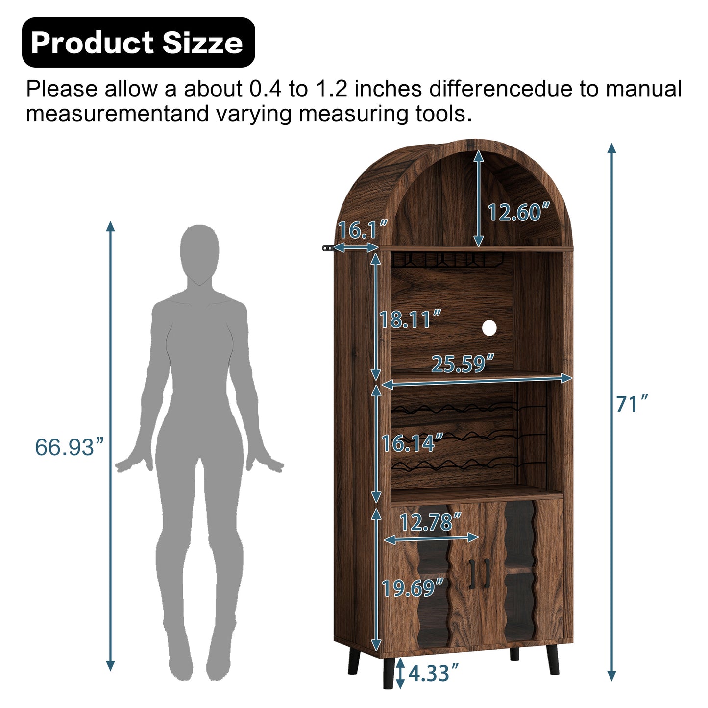 SESSLIFE 71 Inch Pantry Cabinet with Wine Rack and Glass Holder, Arched Black Design for Coffee Bar and Whiskey Corner, Freestanding Storage for Dining Room, Brown Oak