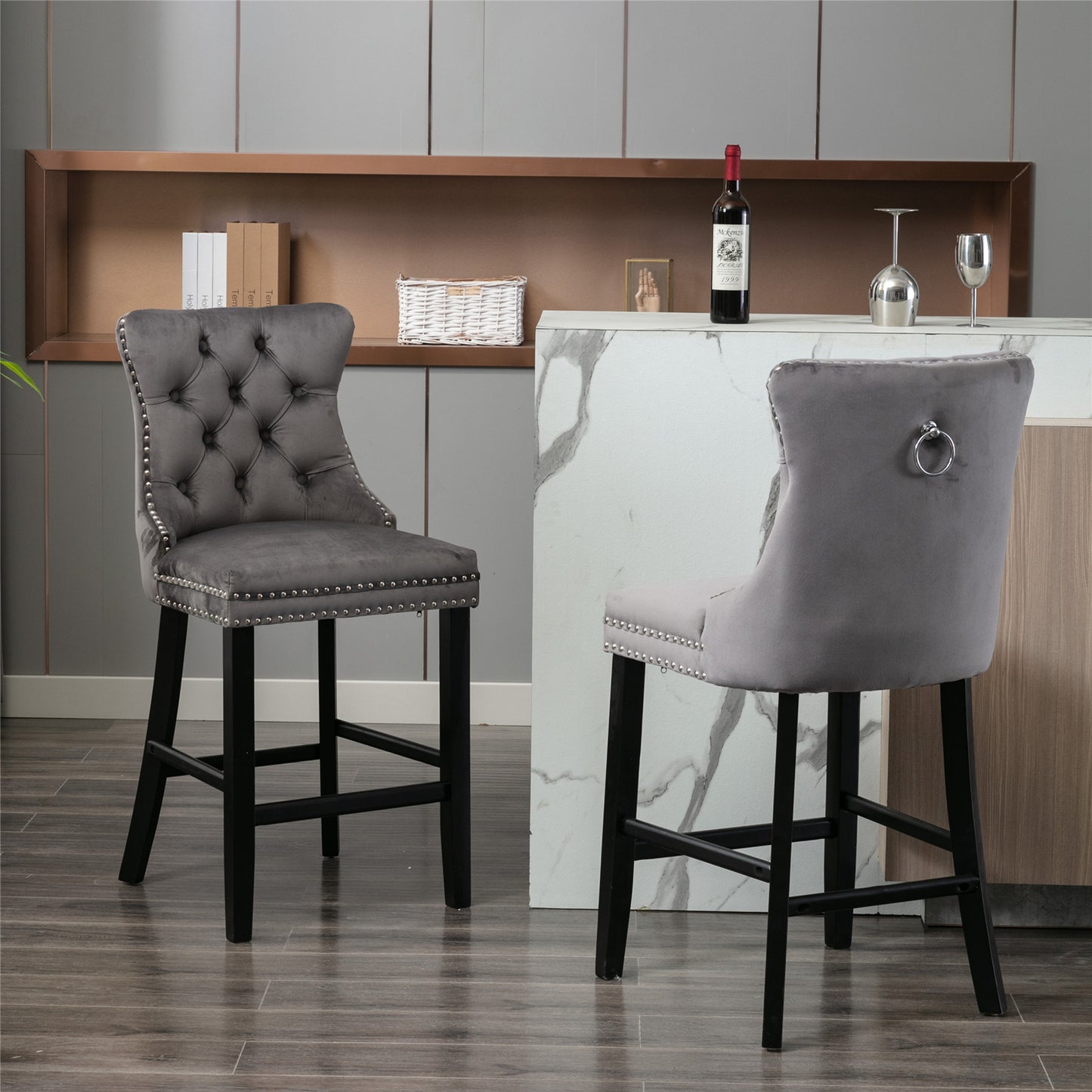 Velvet Bar Stools, Upholstered Barstools Set of 2 with Wood Legs and Tufted, Leisure Bar Chairs with Chrome Nailhead Trim for Home Pub and Kitchen Island,