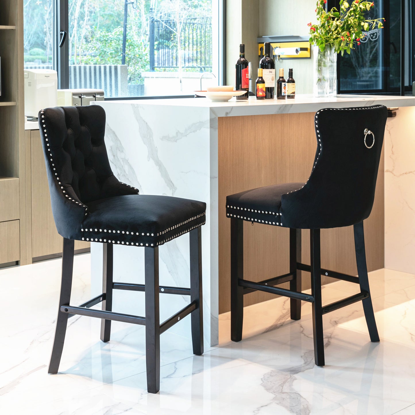 Velvet Bar Stools, Upholstered Barstools Set of 2 with Wood Legs and Tufted, Leisure Bar Chairs with Chrome Nailhead Trim for Home Pub and Kitchen Island,