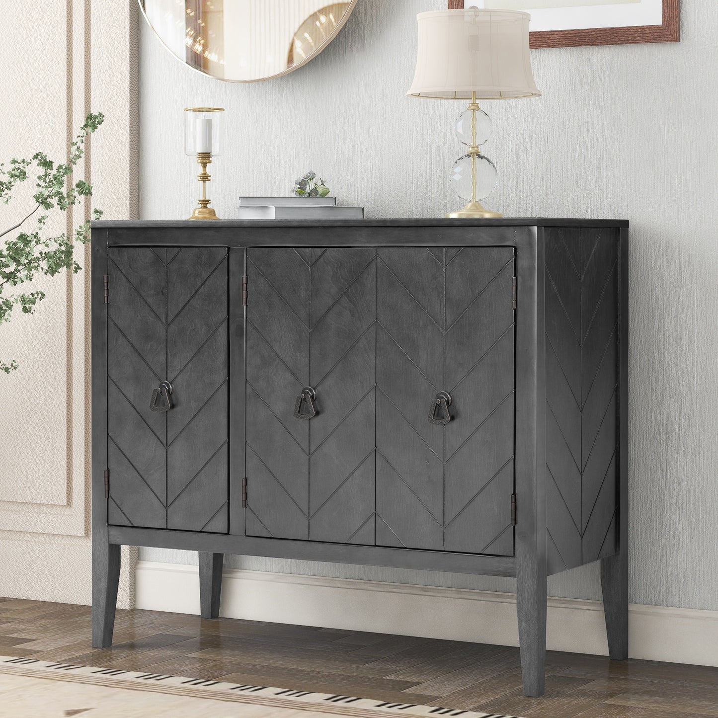 Console Table with Storage, Mid-Century Sideboard Buffet Cabinet, Gray Wooden Buffet Cabinet, 3 Door Accent Cabinet for Living Room, Entryway, Corridor, 37 x 15.7 x 31.5 inch