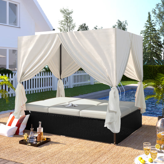 Outdoor Daybed with Canopy, SESSLIFE Outdoor Sofa Patio Furniture Sets, Rattan Patio Sunbed for Porch Lawn Garden Poolside