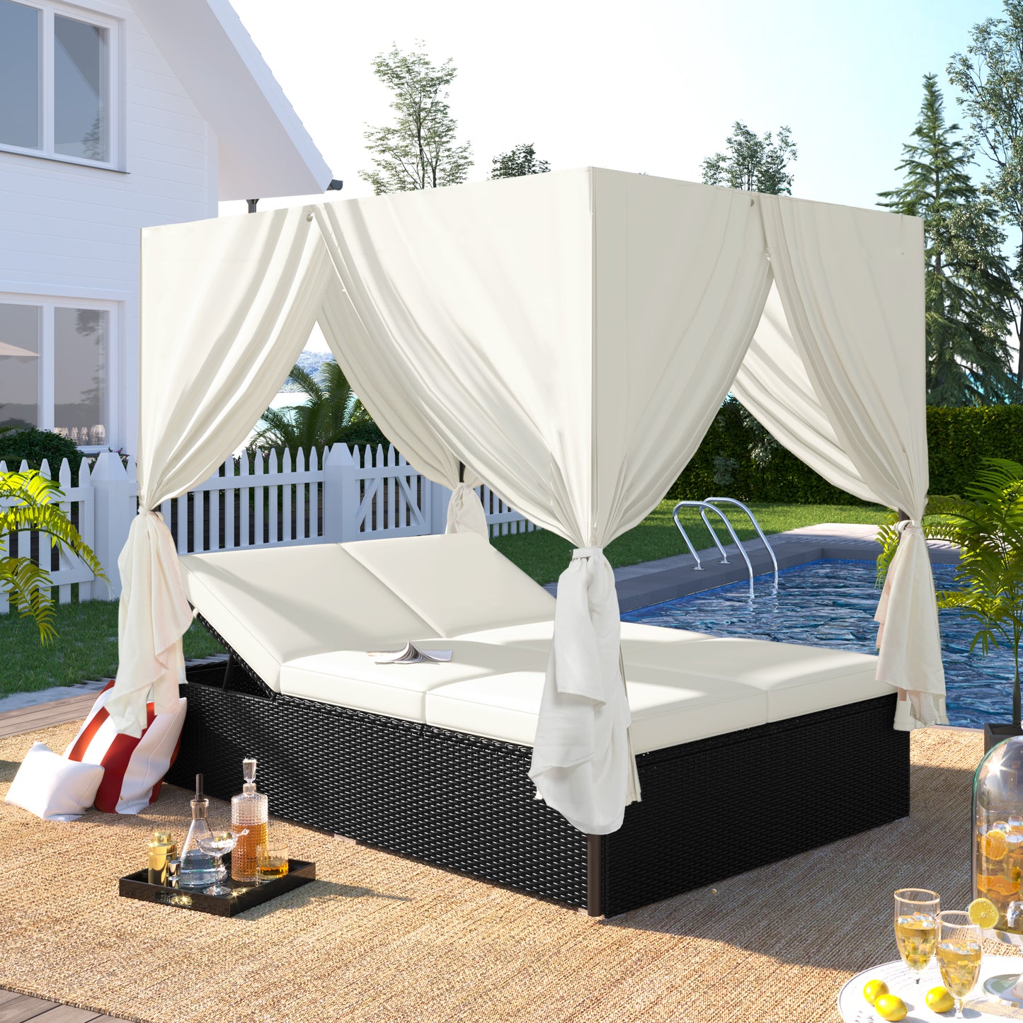 Outdoor Daybed with Canopy, SESSLIFE Outdoor Sofa Patio Furniture Sets, Rattan Patio Sunbed for Porch Lawn Garden Poolside