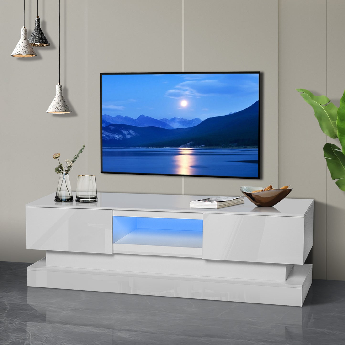 SESSLIFE Storage TV Stand for 70 Inch TV, TV Cabinet with 16 Color LED Light, Living Room Entertainment Center