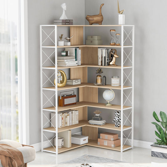 7-Tier Corner Bookshelf, Wood L-Shaped Open Display Bookshelf with Metal Frame, Industrial Style Tall Bookshelf with Open Storage, Freestanding Etagere Bookcase for Home Office, Oak