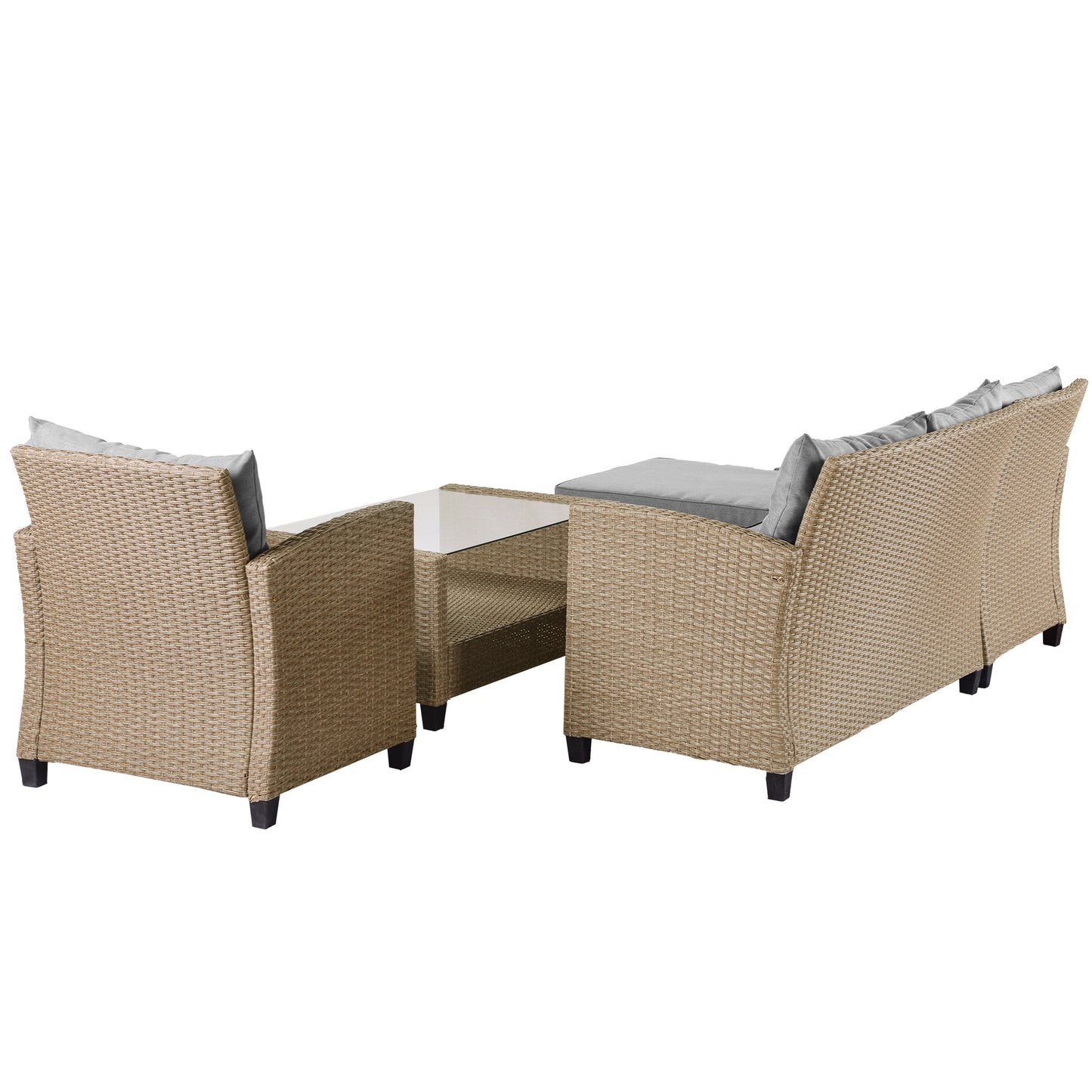 4 Pieces Patio Conversation Sets, All Weather Wicker Sofa Outdoor Furniture Set with Lounge Sofa and Glass Table, Modern Outside Lawn Deck Furniture Set, Beige Brown