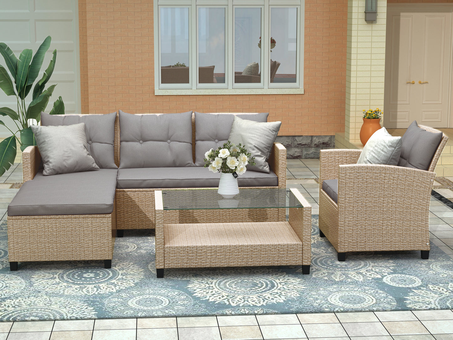 4 Pieces Patio Conversation Sets, All Weather Wicker Sofa Outdoor Furniture Set with Lounge Sofa and Glass Table, Modern Outside Lawn Deck Furniture Set, Beige Brown