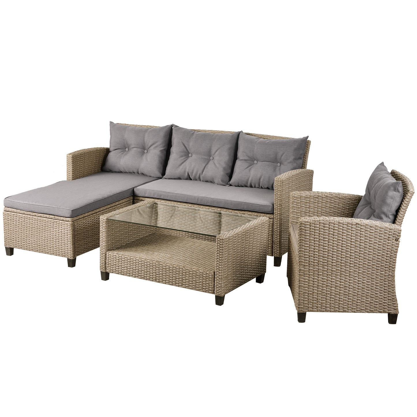 4 Pieces Patio Conversation Sets, All Weather Wicker Sofa Outdoor Furniture Set with Lounge Sofa and Glass Table, Modern Outside Lawn Deck Furniture Set, Beige Brown