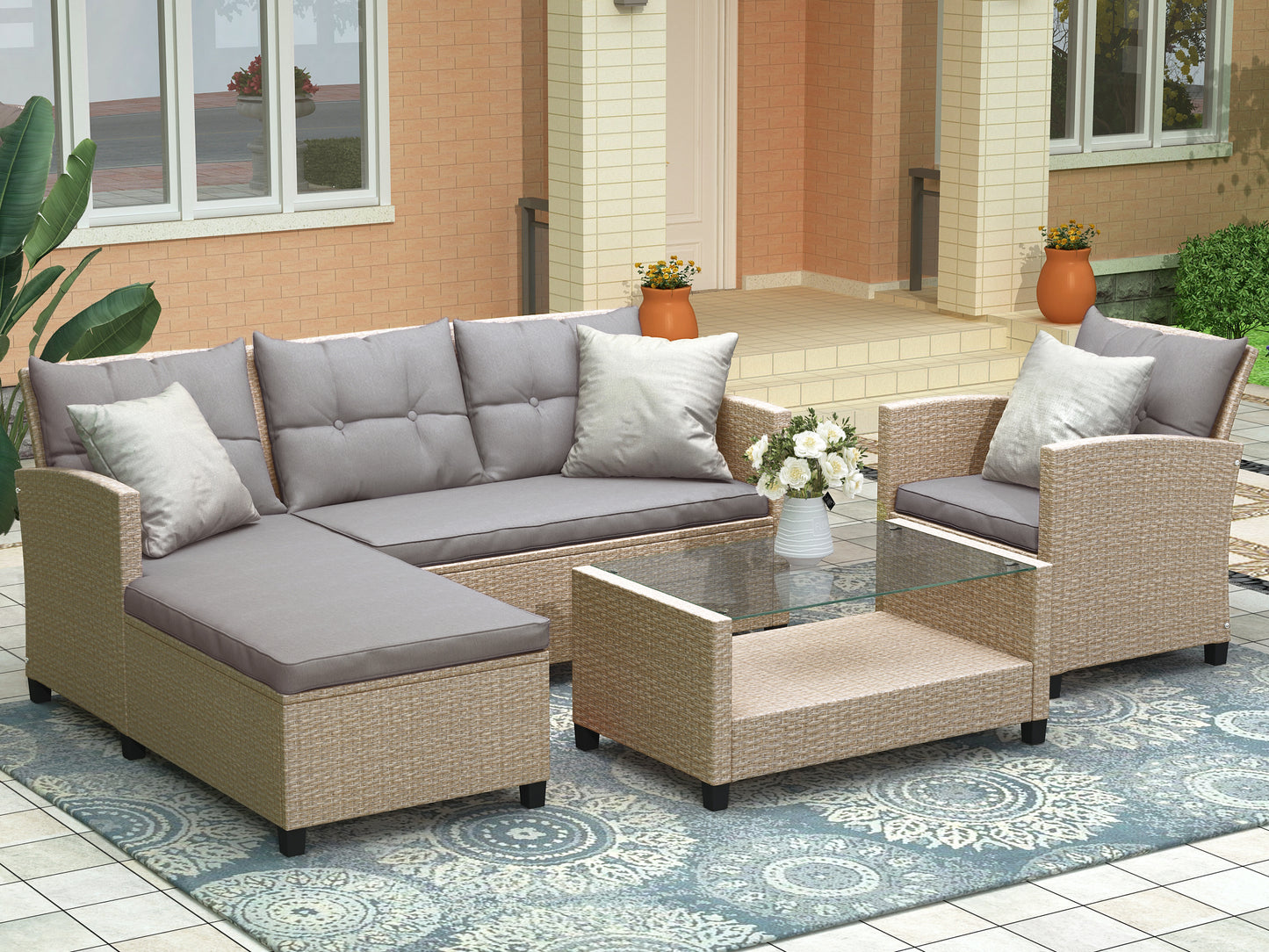 4 Pieces Patio Conversation Sets, All Weather Wicker Sofa Outdoor Furniture Set with Lounge Sofa and Glass Table, Modern Outside Lawn Deck Furniture Set, Beige Brown