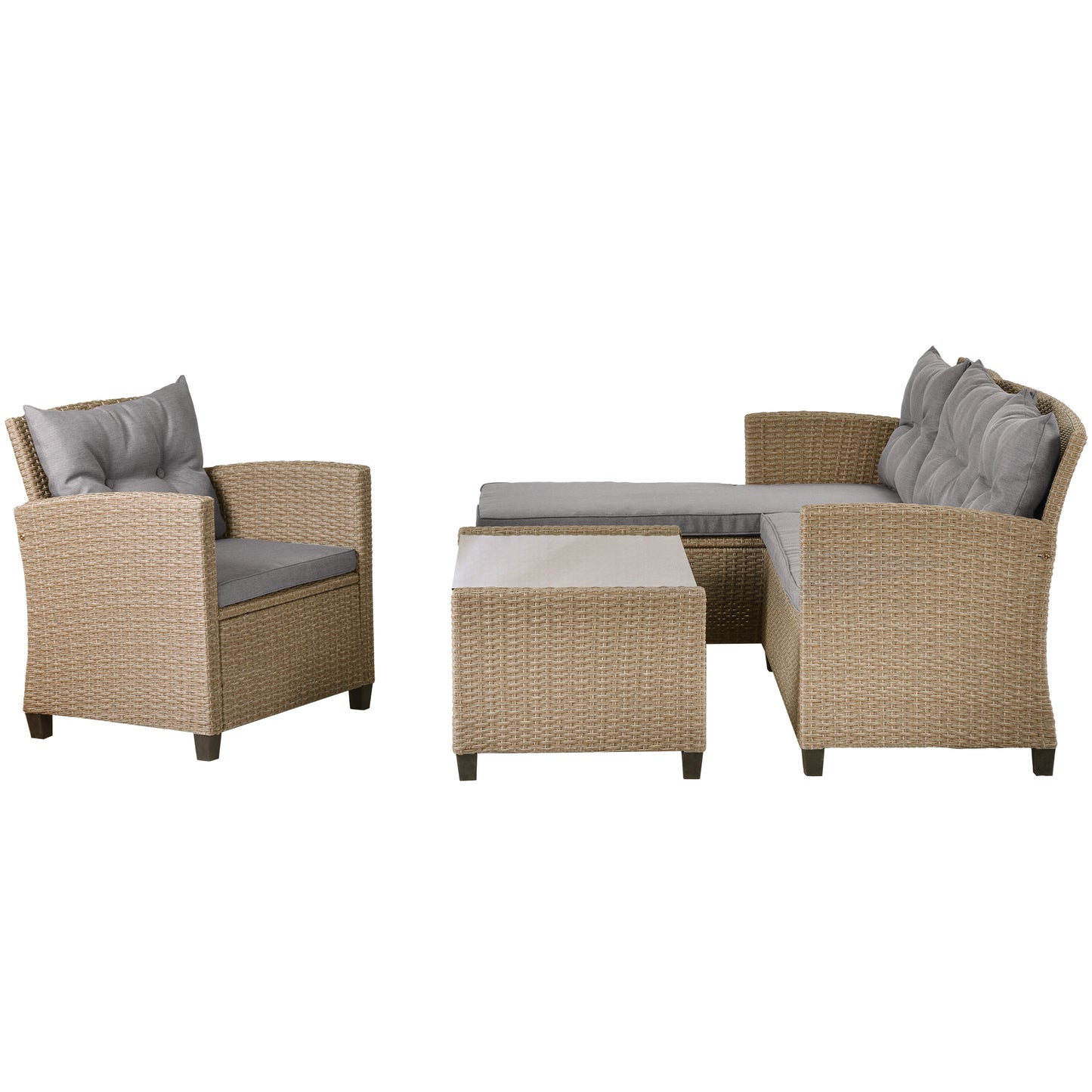 4 Pieces Patio Conversation Sets, All Weather Wicker Sofa Outdoor Furniture Set with Lounge Sofa and Glass Table, Modern Outside Lawn Deck Furniture Set, Beige Brown