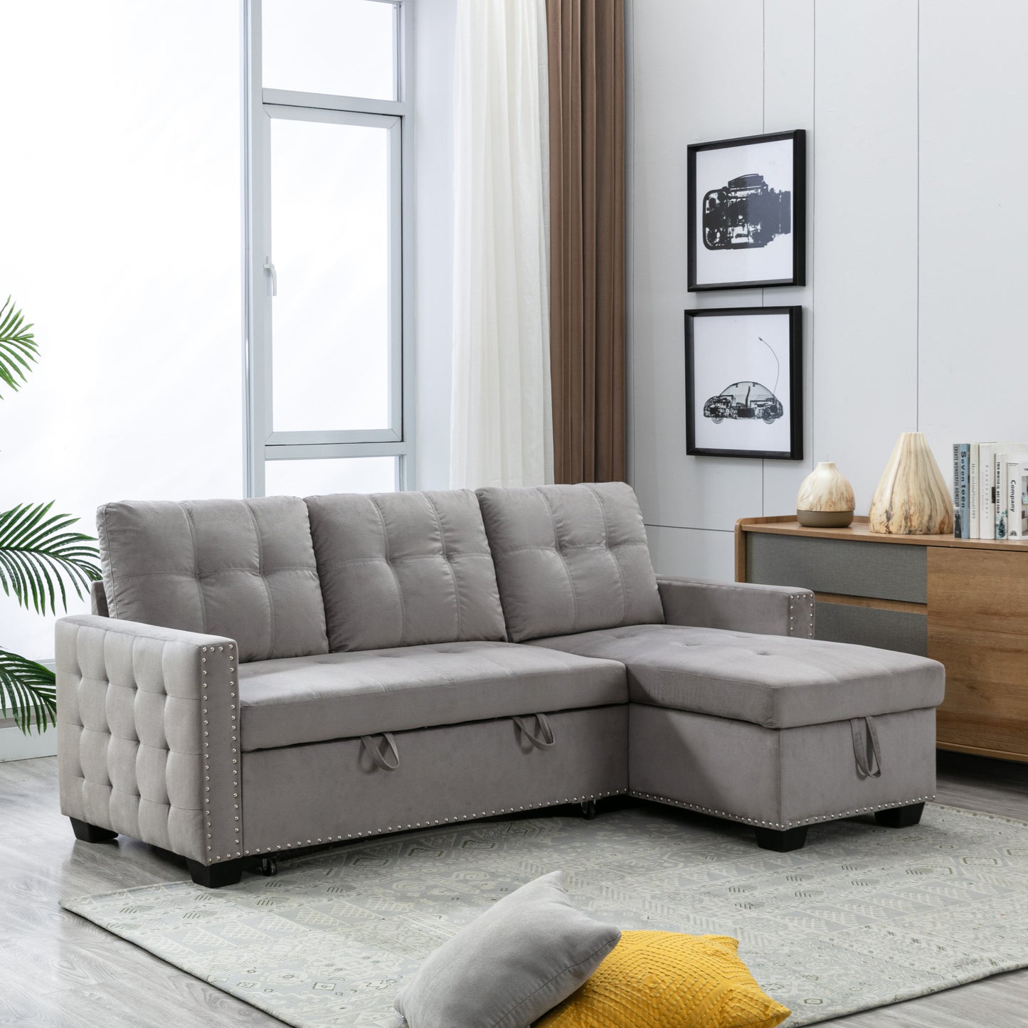 Sofa Bed, Sectional Couch with Modern Skin-Feeling Velvet Fabric Reversible Sleeper Sofa Beds, L-shape 2 Seat Sectional Chaise with Storage, Couches for Living Room Furniture, Light Grey